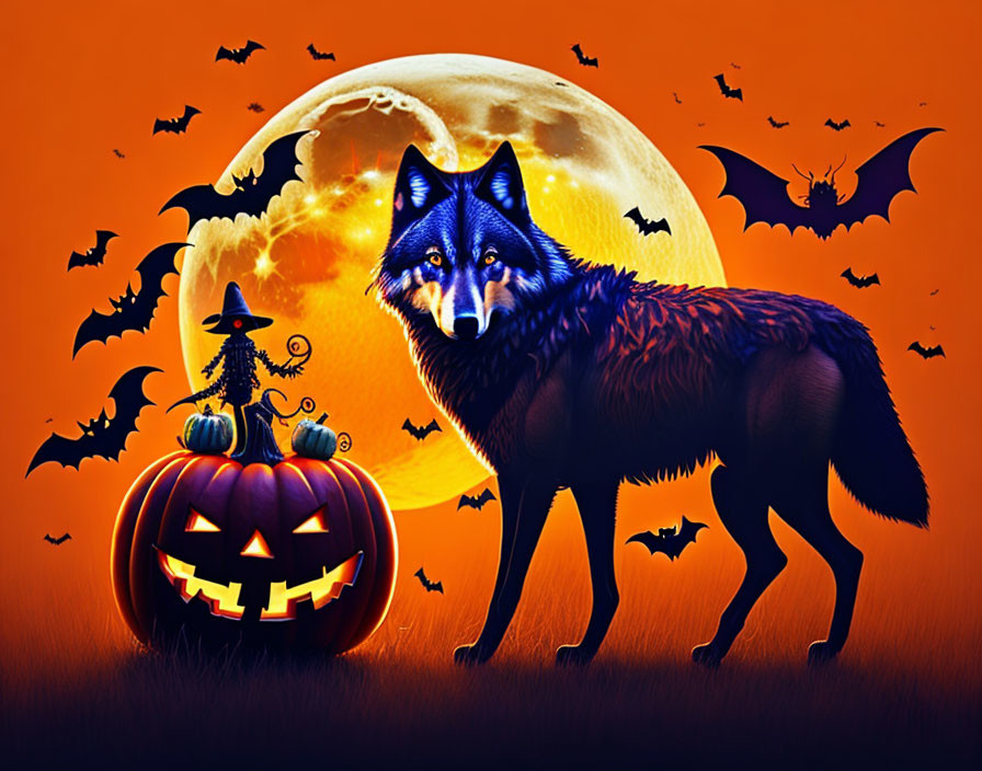 Detailed Halloween Illustration: Glowing-eyed Wolf, Bats, Pumpkin, Witch Hat, Full Moon