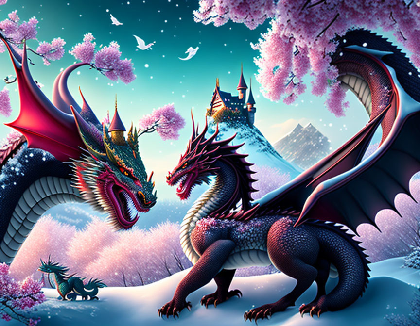 Majestic dragons in cherry blossom fantasy landscape