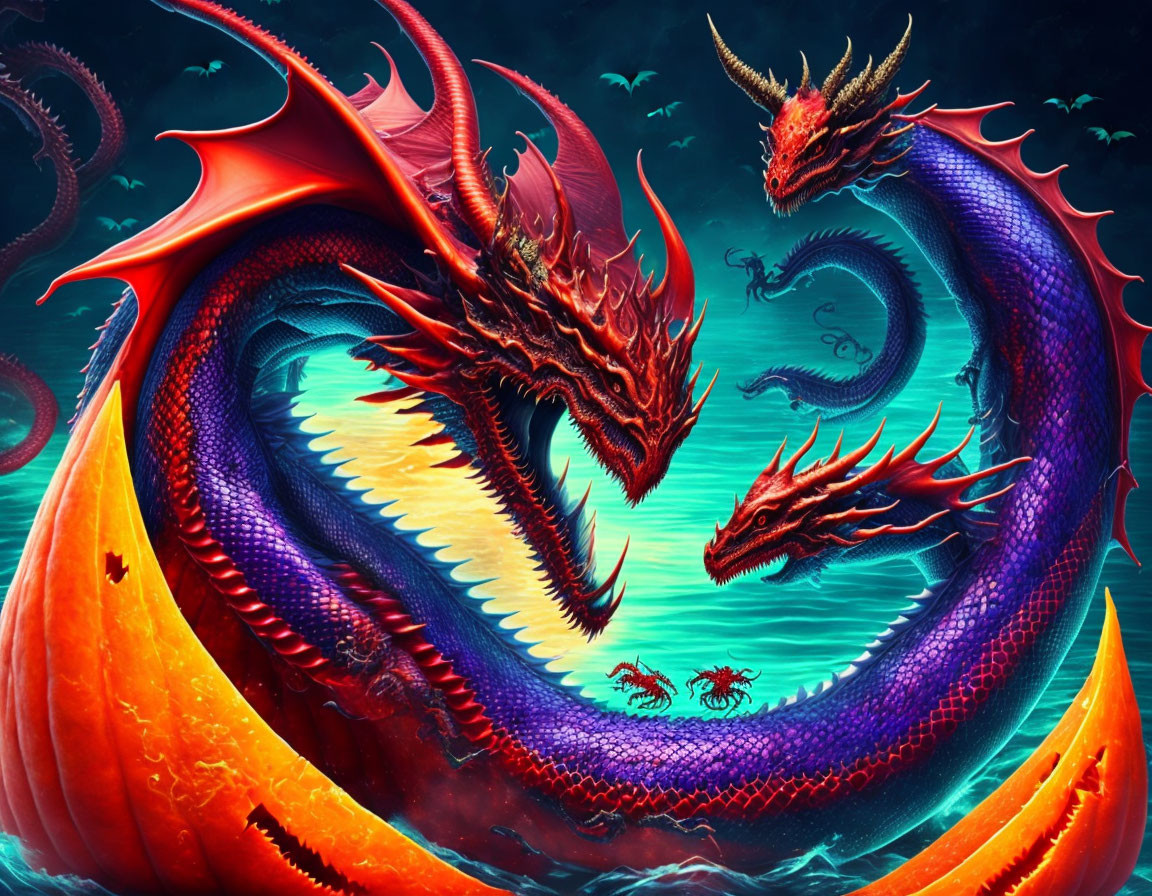 Colorful Dragons Embracing in Underwater Yin-Yang