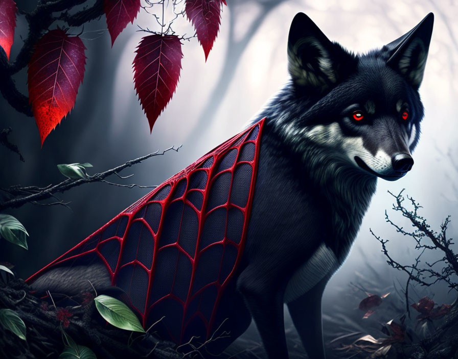 Black wolf with red eyes in misty forest with red leaves