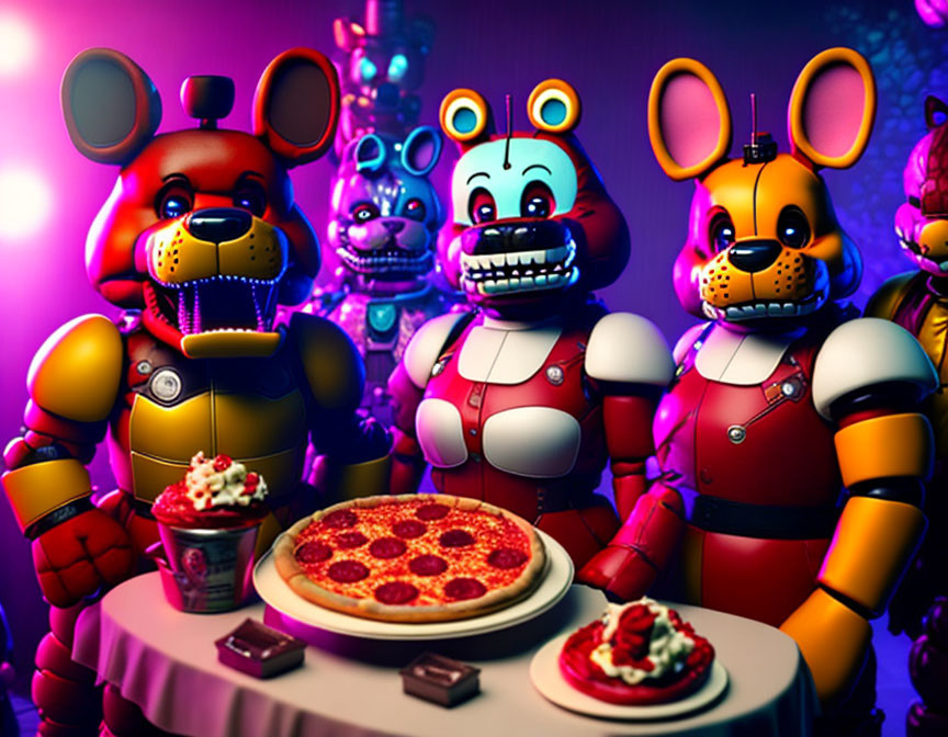 Four animal-themed animatronic characters with food on table under purple light