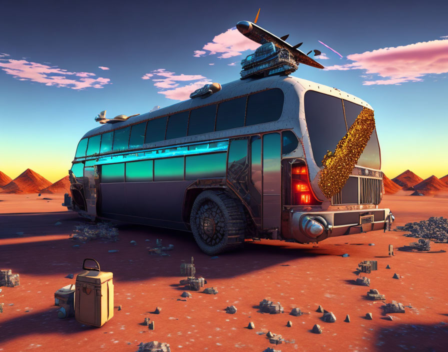 Abandoned futuristic bus in desert with oversized wheels and pyramids at sunset