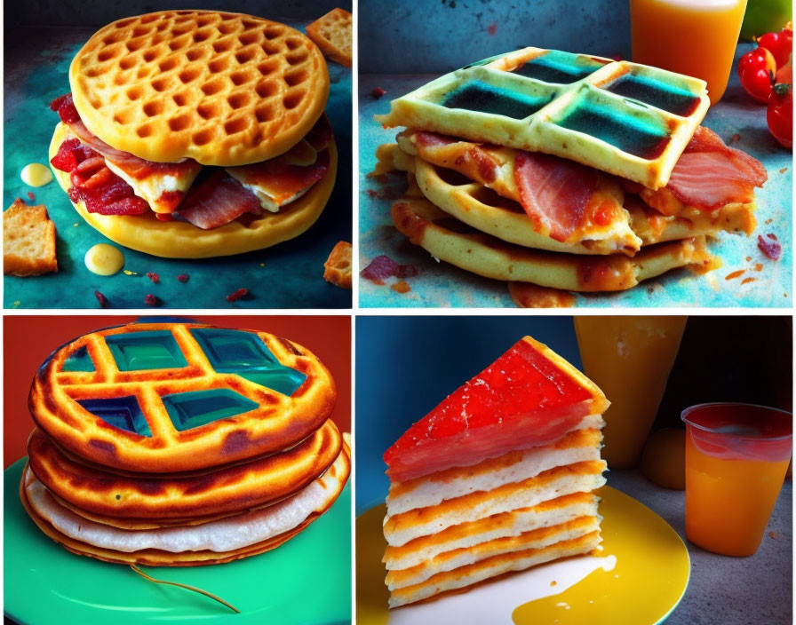 Four Waffle Sandwiches with Bacon, Syrup, Eggs, and Juice