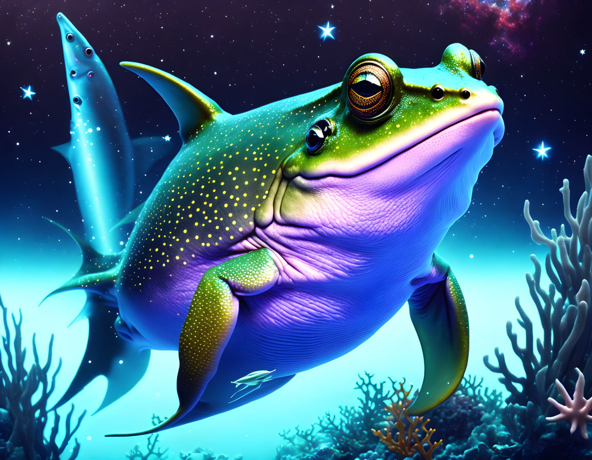 Colorful illustration: Fantastical frog with shark tail swims in coral with starlit sky