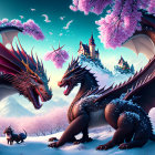 Majestic dragons in cherry blossom fantasy landscape