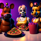 Four animal-themed animatronic characters with food on table under purple light