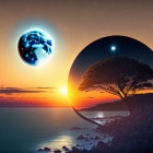 Surreal beach sunset with planet and moon-like sphere in sky