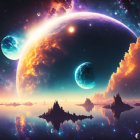 Cosmic landscape digital art with planets, stars, nebula, lake, and mountains