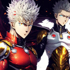 Spiky White Hair and Red Armor Character with Silver Armor Character