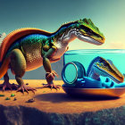 Colorful Dinosaur Reflecting in Fishbowl Desert Scene