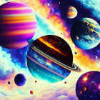 Colorful Planets, Nebula, Stars, and Interstellar Clouds in Cosmic Scene