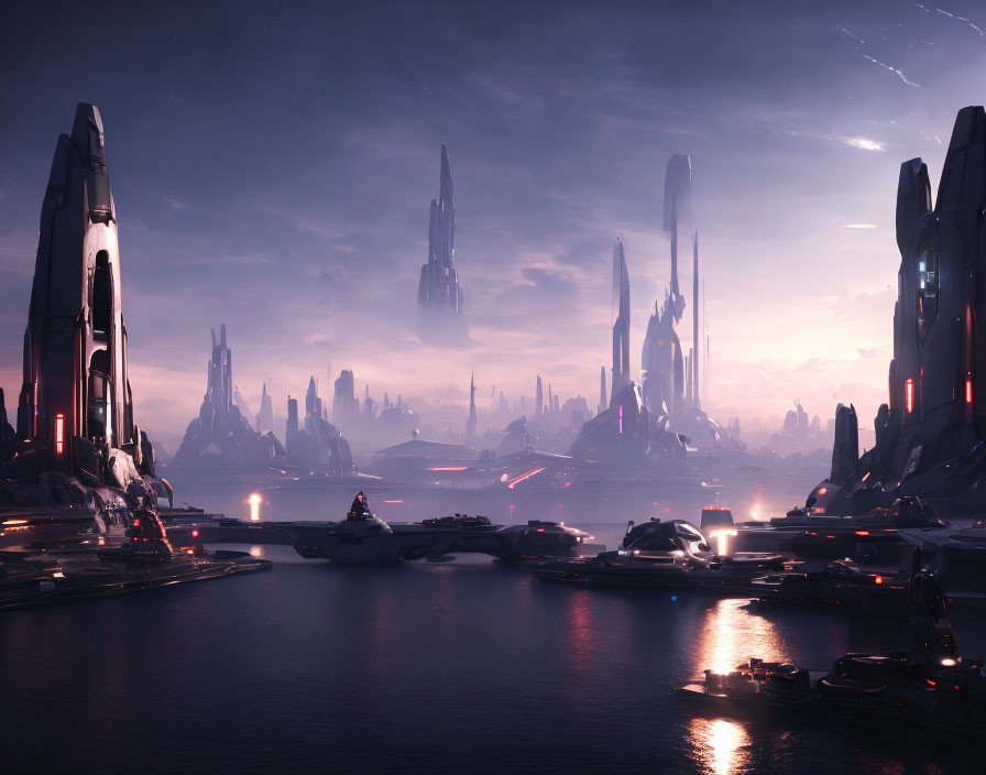 Futuristic cityscape at dusk with tall structures and flying vehicles