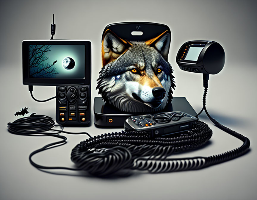 Dark Wolf-Themed Gaming Setup: Monitor, Speakers, Console, Controller, Headphones