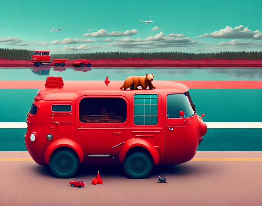 Red vintage bus with bear and objects by lake, planes and hovering car scene.