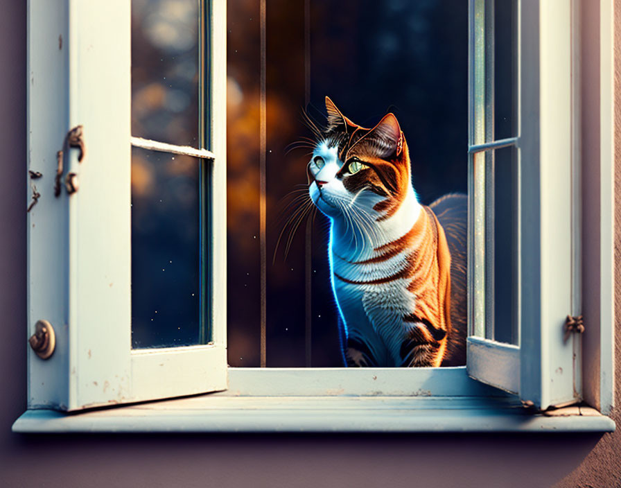 Calico Cat in Vintage White Framed Window at Twilight