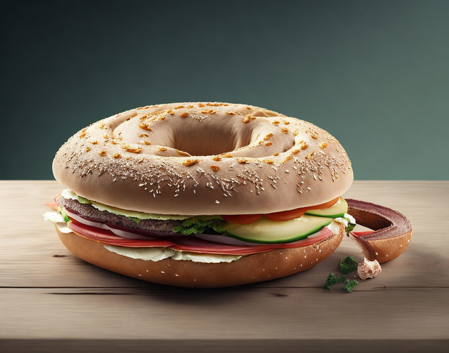 Bagel sandwich with lettuce, tomato, cucumber, cheese, and salami on wooden table