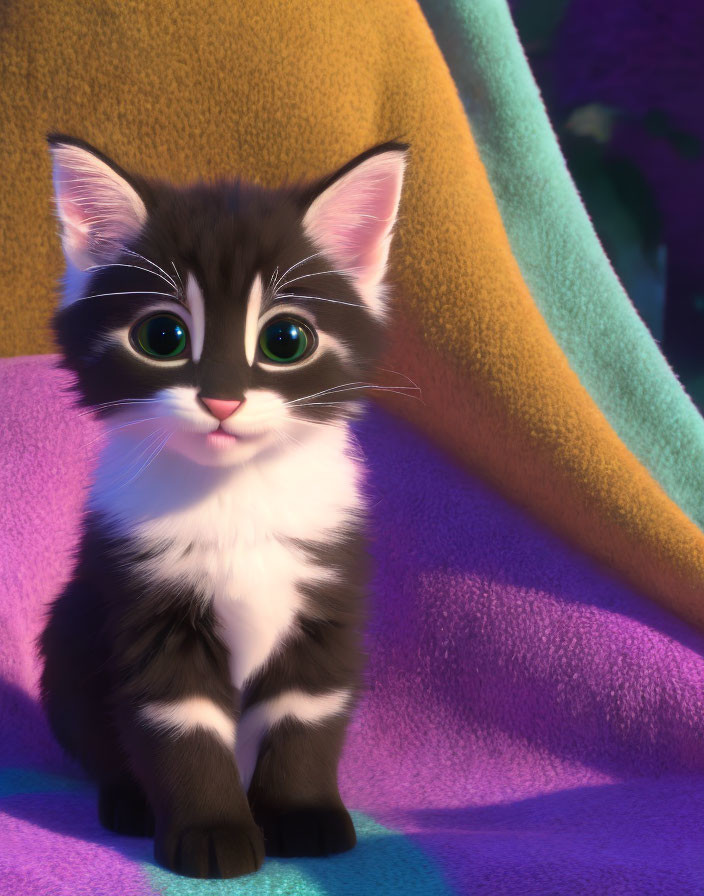 Animated kitten with large green eyes on purple surface