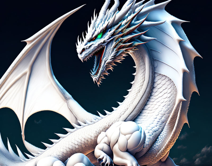 Majestic white dragon with blue accents and glowing green eyes on dark background