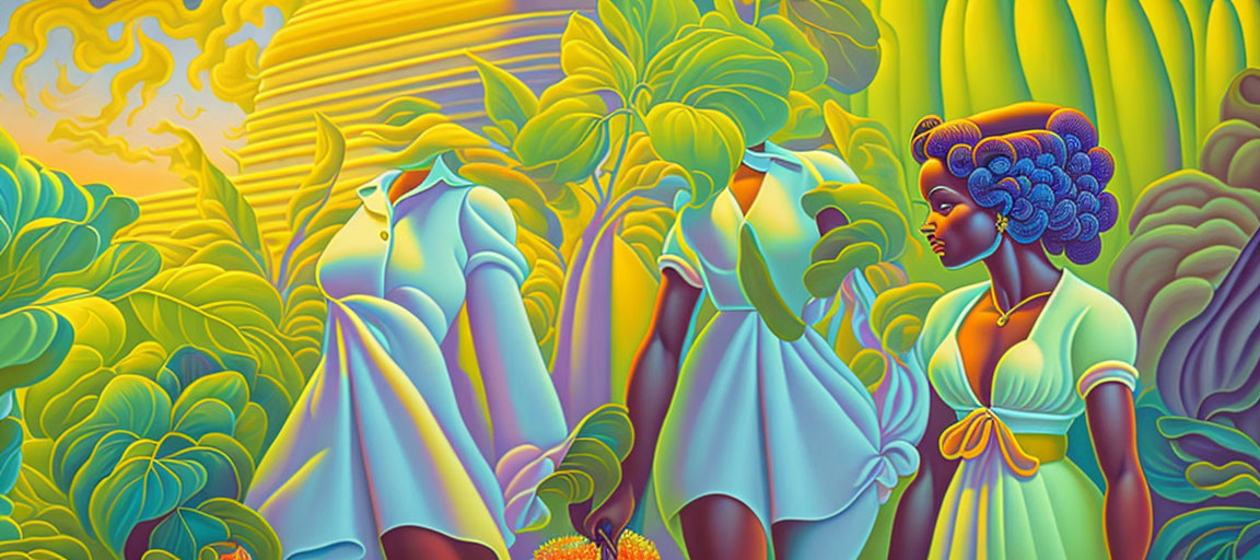 Colorful artwork: three women with intricate hairstyles in flowing dresses, set in lush tropical scenery