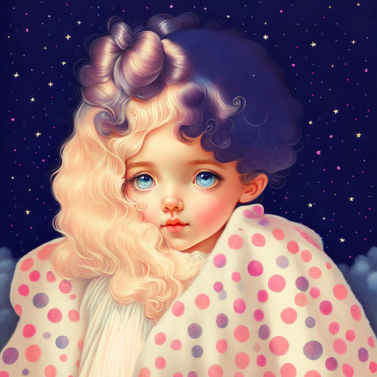 Child with large blue eyes in polka-dotted cloak against starry backdrop