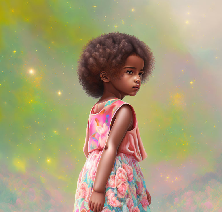 Young girl with large afro in digital artwork against pastel background