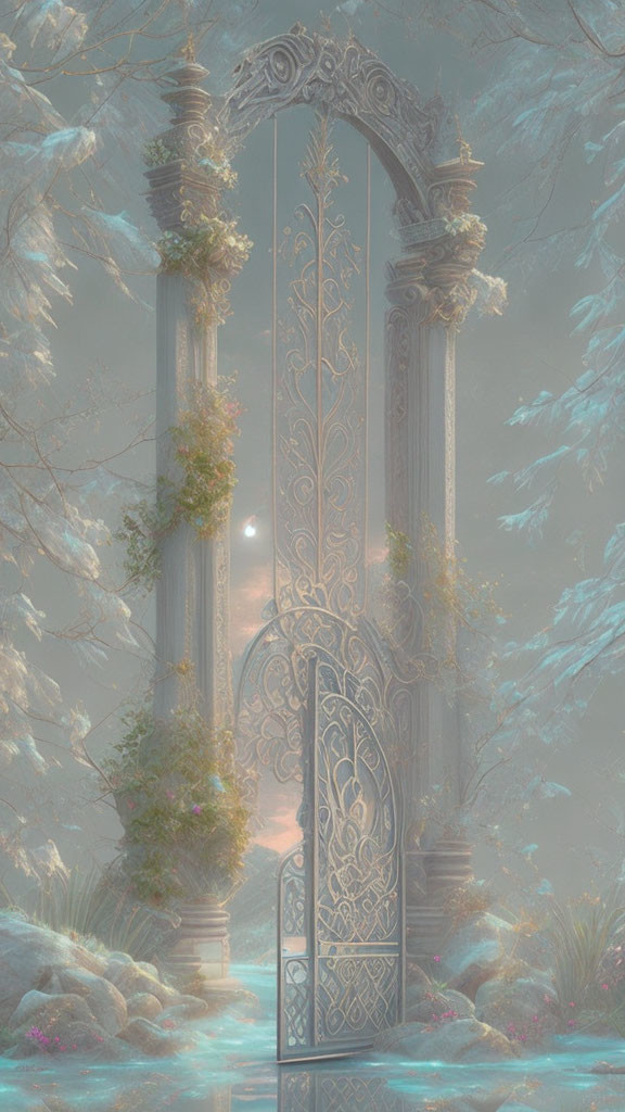 Intricate openwork gate in foggy forest with decorative columns