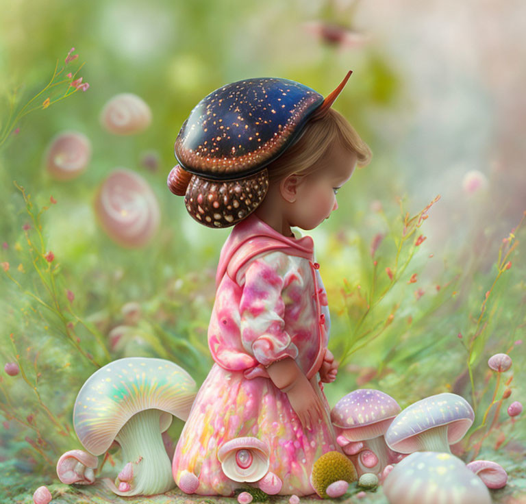 Child with snail shell hat in colorful mushroom forest.