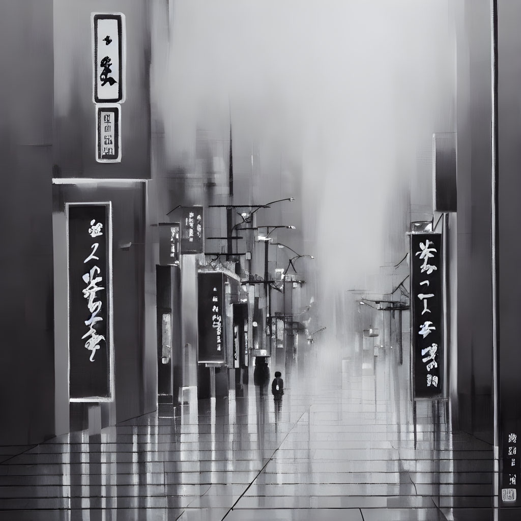 Monochrome painting of misty street with Japanese signage and lone figure