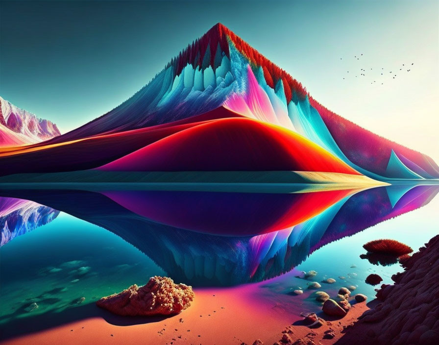 Colorful Surreal Landscape with Reflected Mountains and Birds