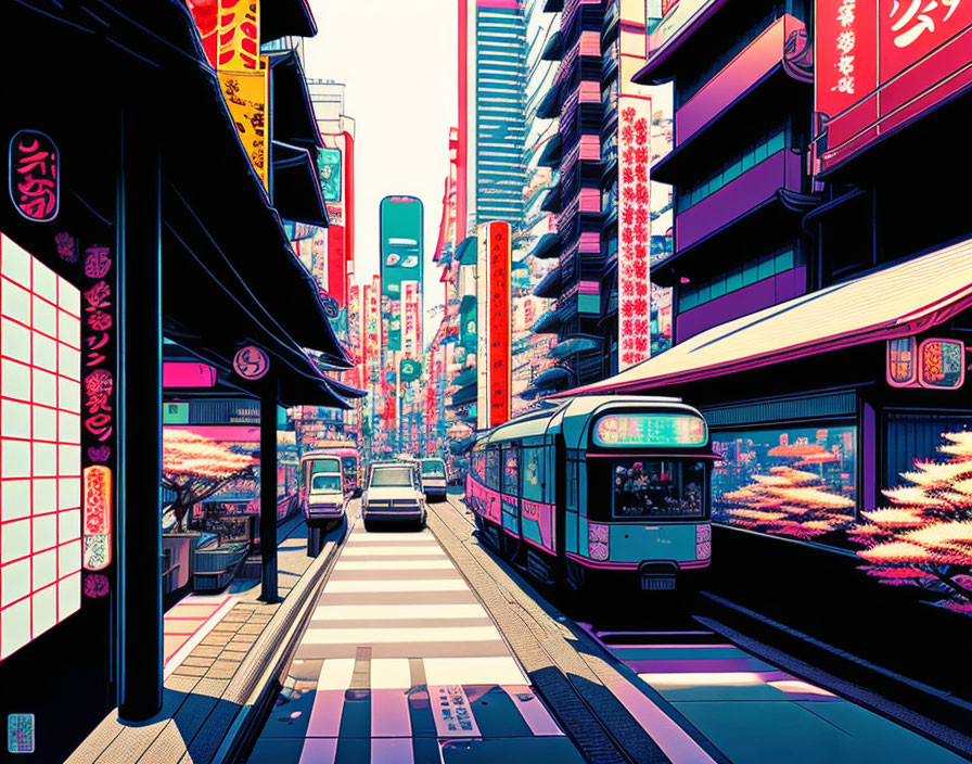 Vibrant illustration of bustling Japan city street