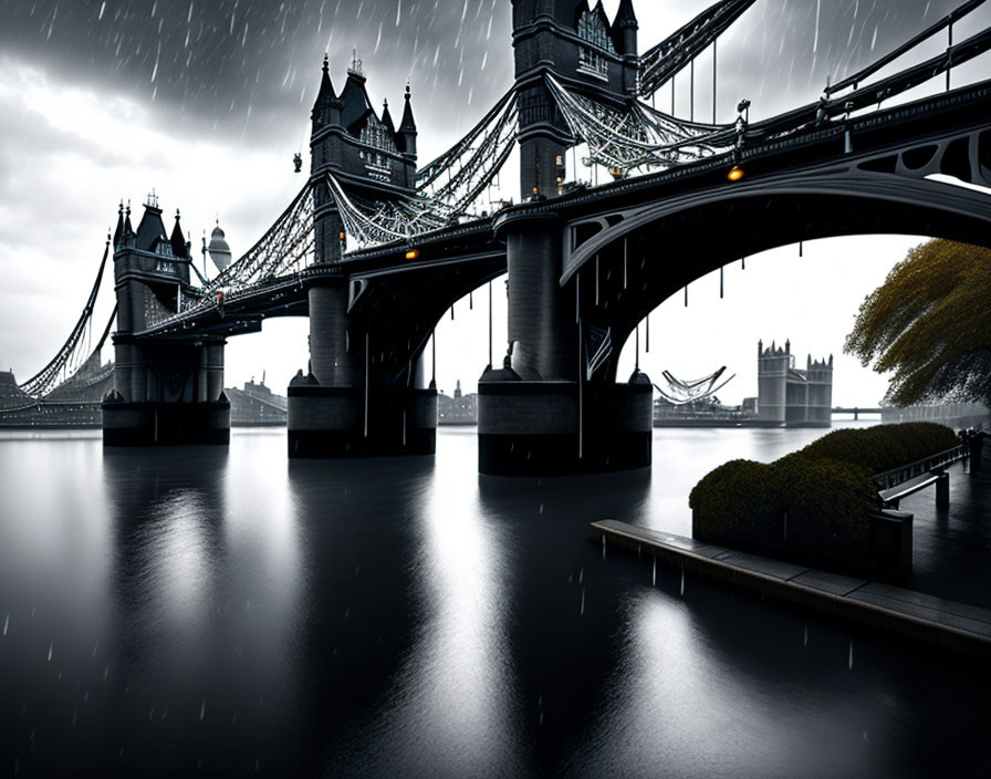 Overcast sky and rain at Tower Bridge, London with dramatic lighting.