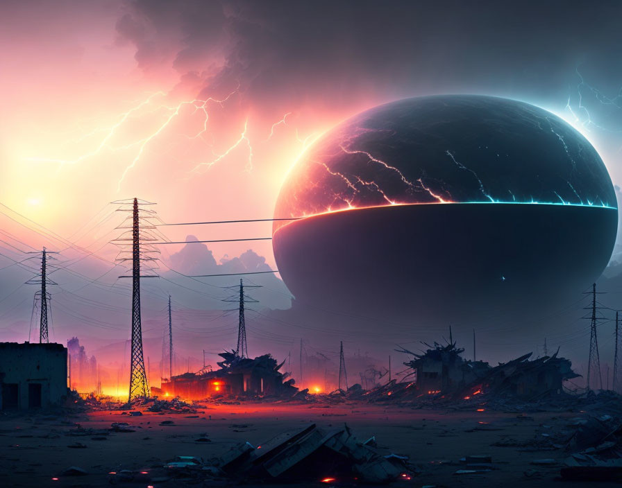 Mysterious sphere hovers over dystopian landscape