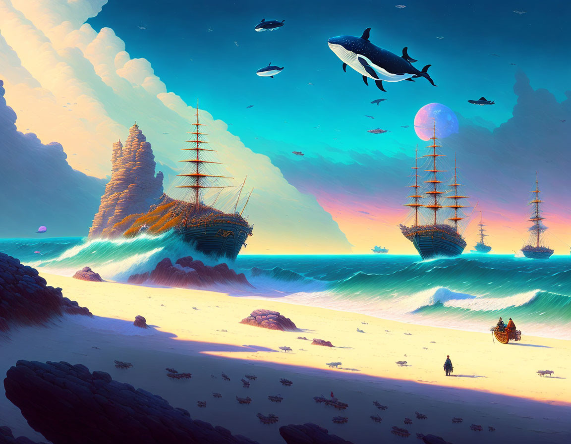 Whimsical seascape with flying whales and ships under pastel sky