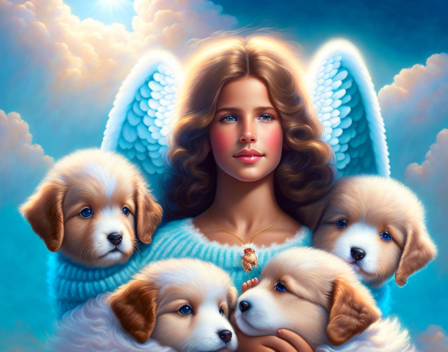 Angel woman with blue wings and puppies in soft light