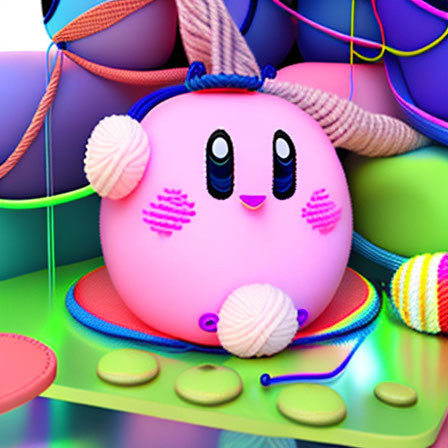 Colorful 3D Kirby illustration with yarn texture and buttons