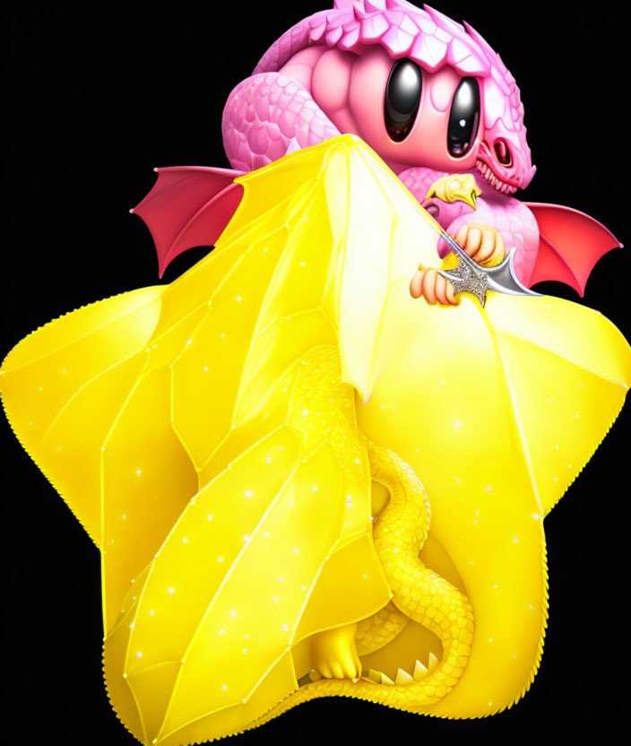 Colorful serpent with pink wings around golden star