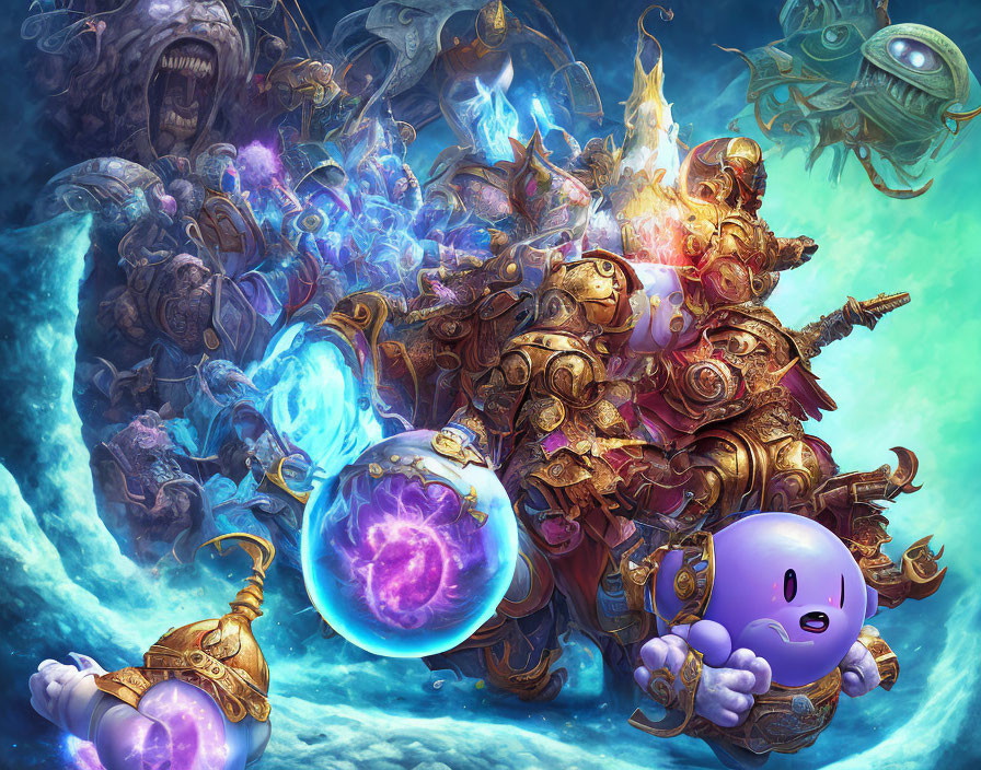 Colorful fantasy art: Purple character in chaotic battle with mythical creatures & machines