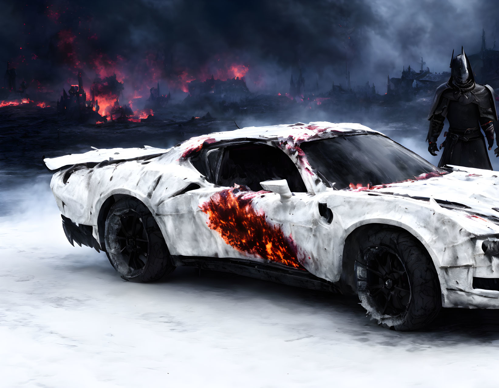 Masked figure with white sports car in snowy, war-torn cityscape