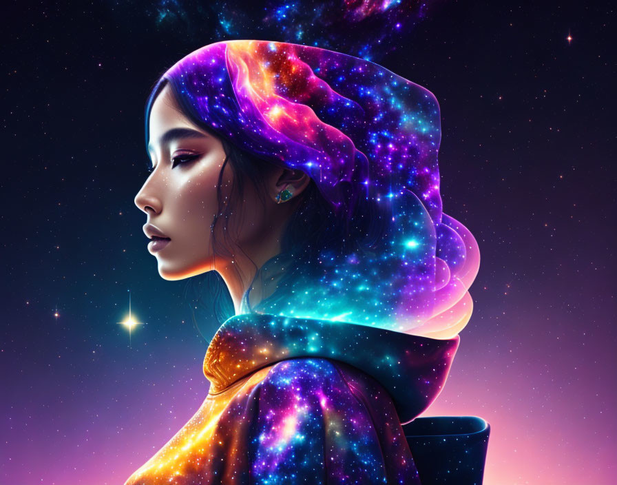 Woman's hair and clothing blend into cosmic nebula in starry space scene