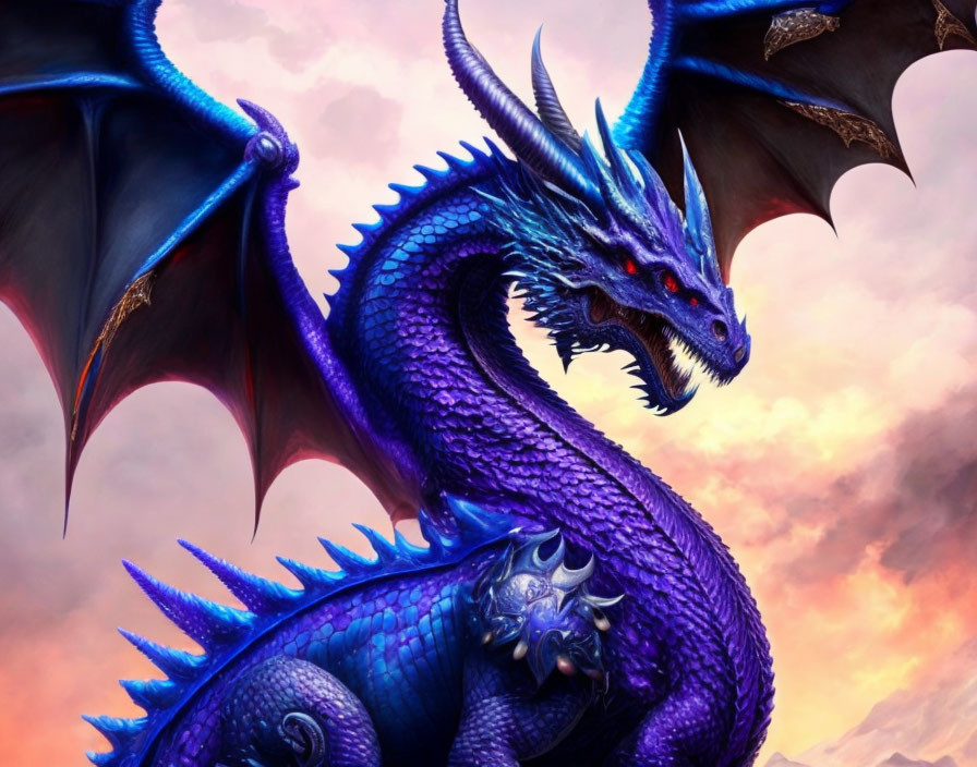 Blue dragon with large wings and red eyes in pinkish cloud backdrop