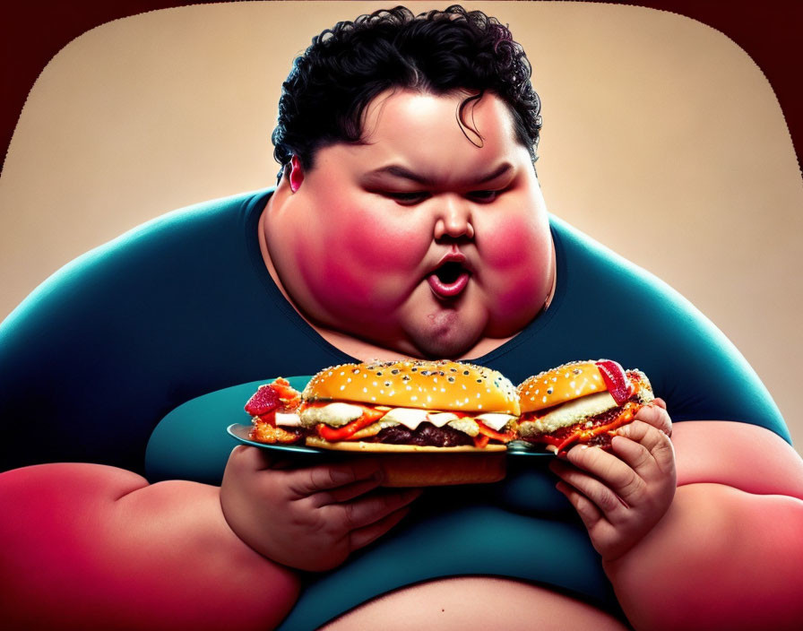 Exaggerated expression person with giant hamburger, appetite theme