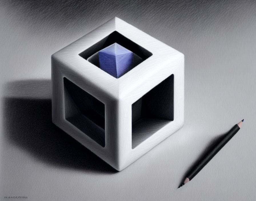 Pencil beside three-dimensional impossible cube drawing on white surface