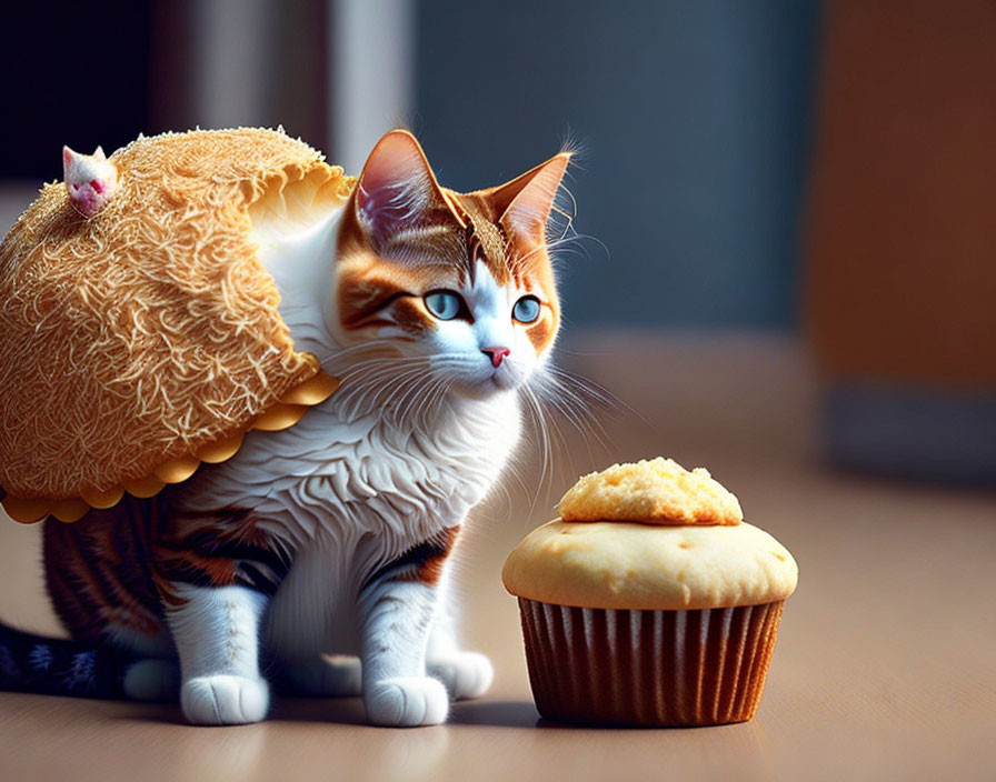 Cat with pancake on back and sleeping cat, whimsical scene with muffin on floor