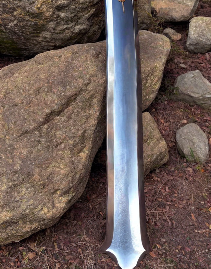 Shiny metallic sword on boulder with stones and leaves