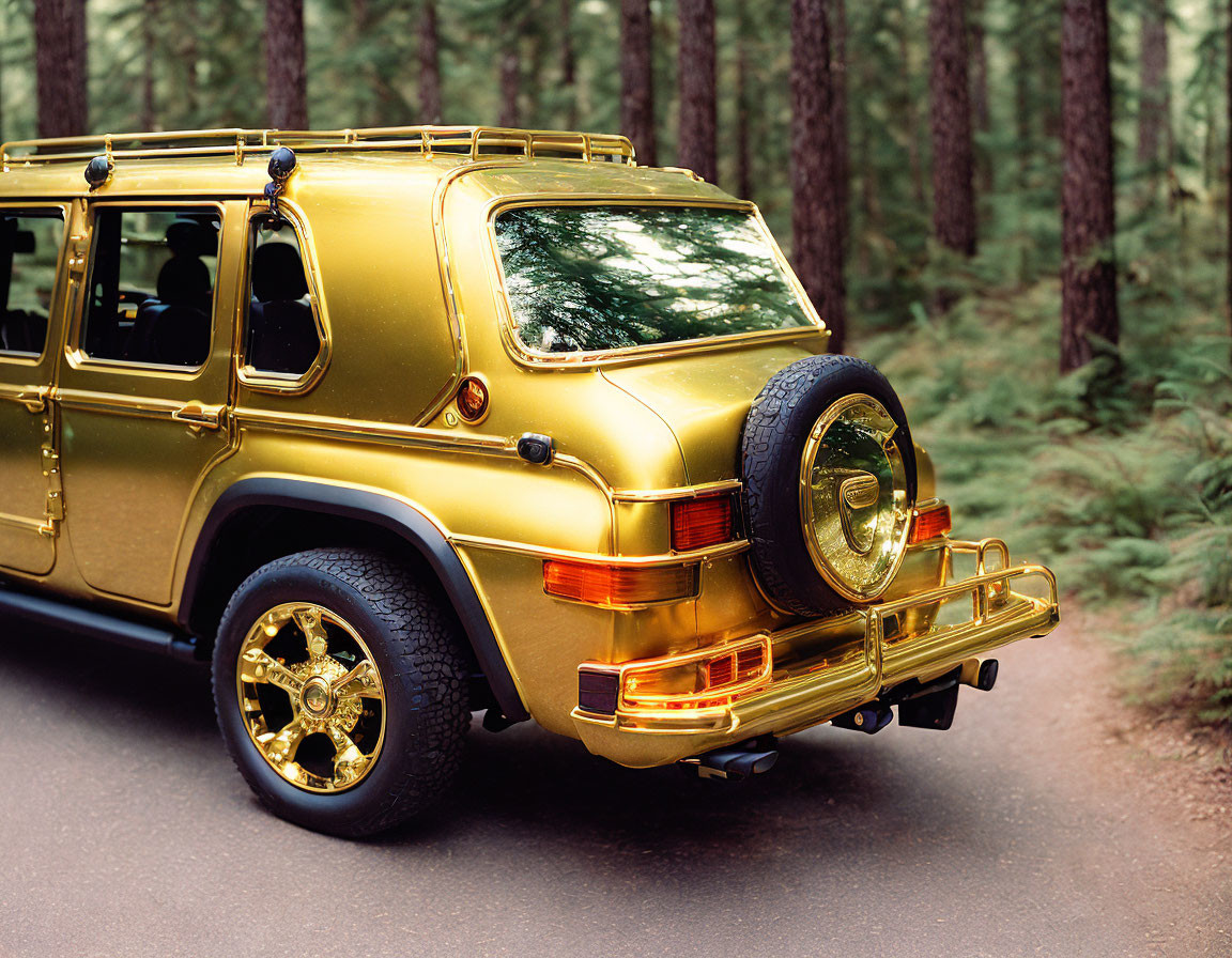 Luxury Gold-Plated SUV with Chrome Accents on Forest Road