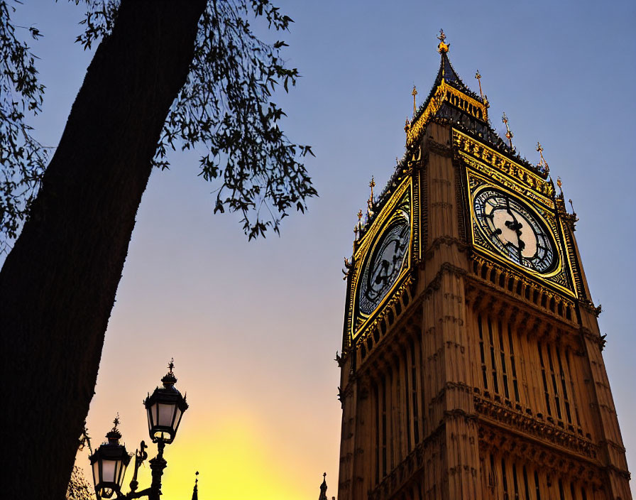 Iconic clock tower and street lamp against sunset sky with tree branches.