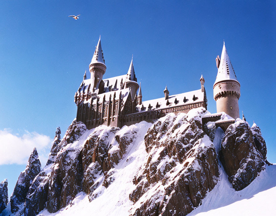 Majestic castle on snowy mountain under blue sky with bird