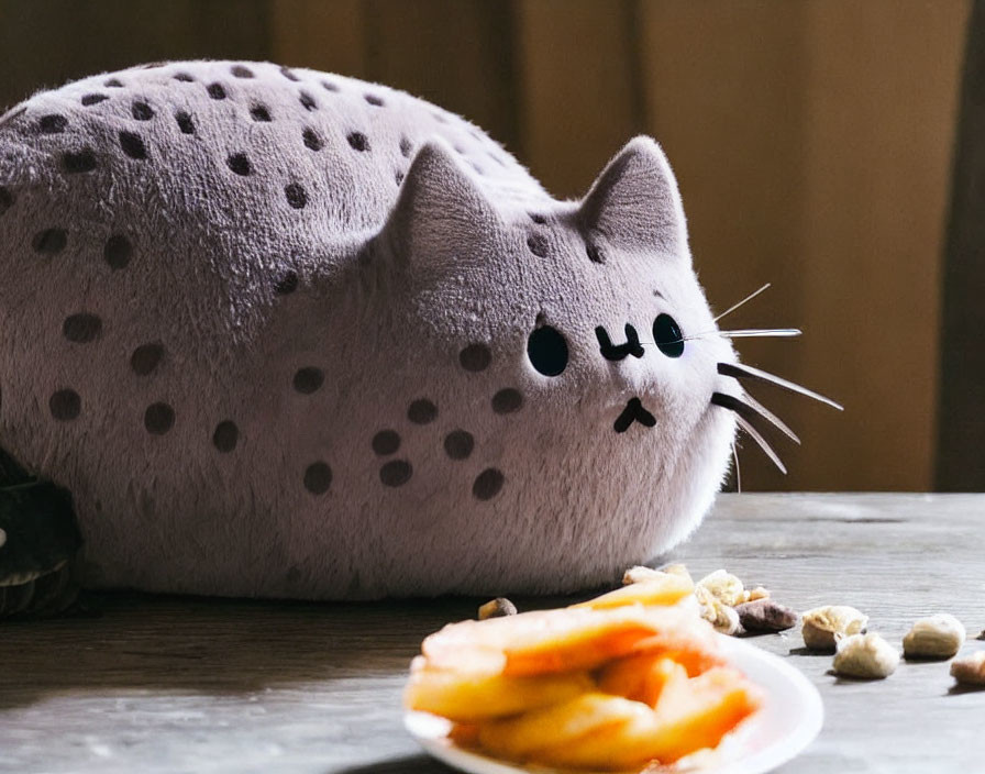 Chubby Gray Cat Plush Toy Next to Plate of Food on Wooden Surface