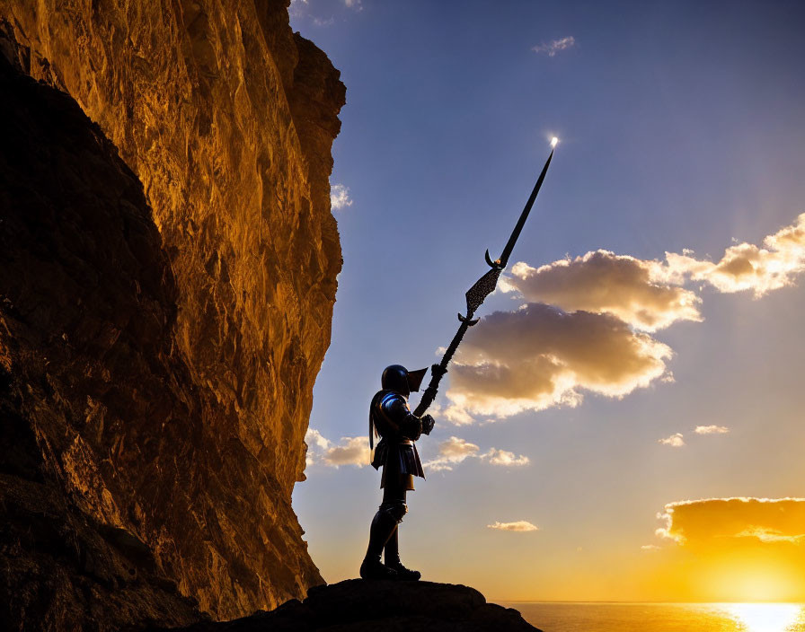 Silhouette of knight with sword on rocky outcrop at sunset