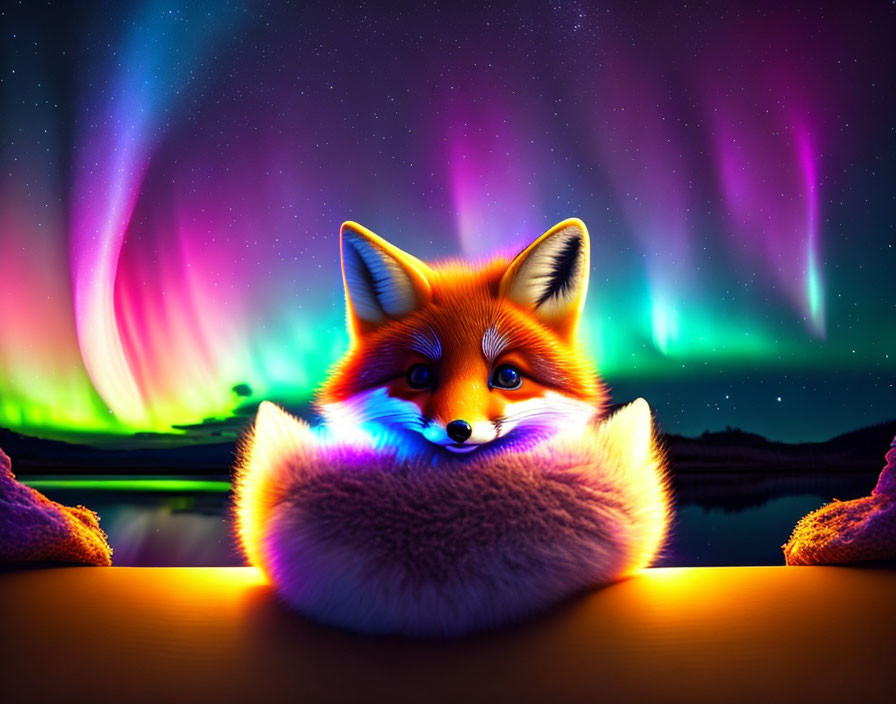 Colorful Red Fox Illustration with Aurora Night Sky & Lake